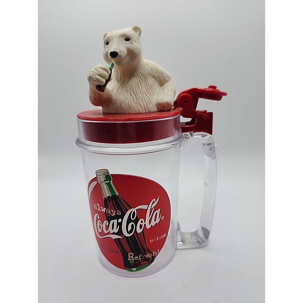 Vintage 1997 Coca Cola Singing Polar Bear Plastic Mug Cup Flip Top Coke UNTESTED